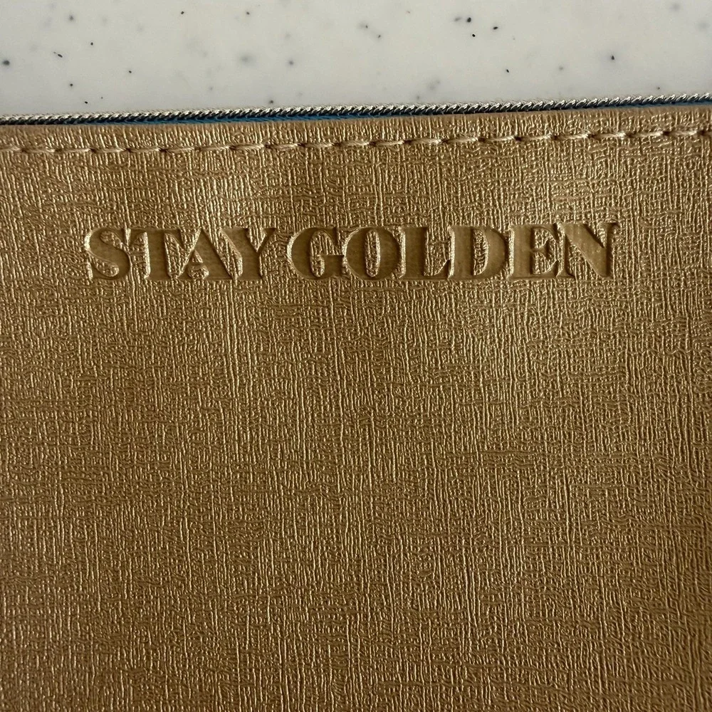 Ipsy Stay Golden Metallic Gold Makeup Bag Turquoise Lining Sun Zipper Pull Pouch